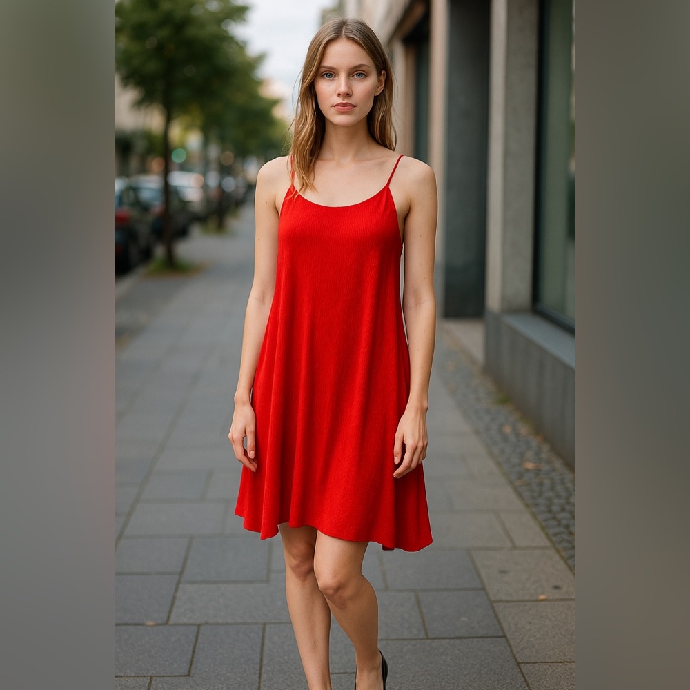 💚#2576 EUC P2P 22” Vibrant Red Ribbed Swing Sundress